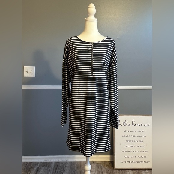 NEW Umgee Casual Striped Long Sleeve Cotton Shirt Dress Size Large Navy White - Picture 1 of 8